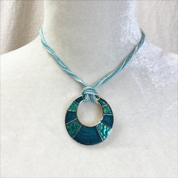 LIA SOPHIA Versailles Teal Green Blue Multi Cord Enamel Pendant Necklace 18" NWT - Picture 1 of 7